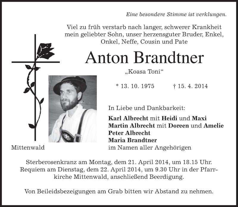  Traueranzeige für Anton Brandtner vom 17.04.2014 aus merkurtz