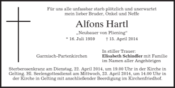 Traueranzeige von Alfons Hartl von merkurtz