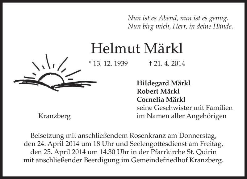  Traueranzeige für Helmut Märkl vom 23.04.2014 aus merkurtz