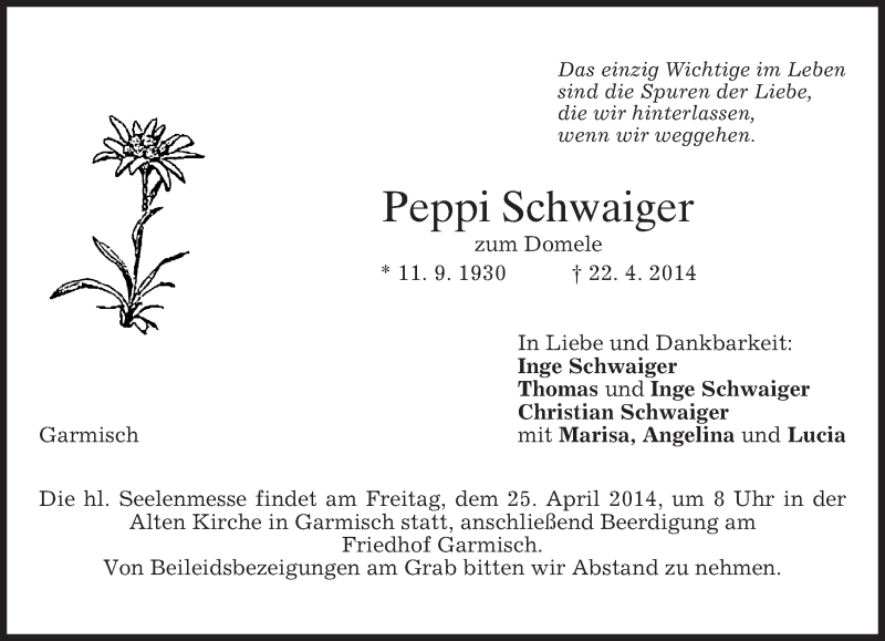  Traueranzeige für Peppi Schwaiger vom 23.04.2014 aus merkurtz
