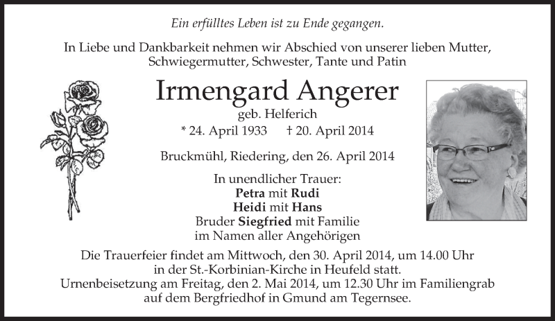 Traueranzeigen von Irmengard Angerer | trauer.merkur.de