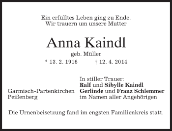 Traueranzeige von Anna Kaindl von merkurtz
