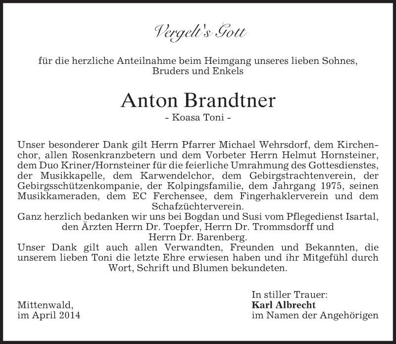  Traueranzeige für Anton Brandtner vom 26.04.2014 aus merkurtz
