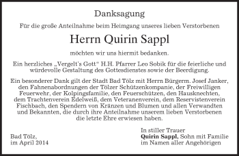 Traueranzeige von Quirin Sappl von merkurtz