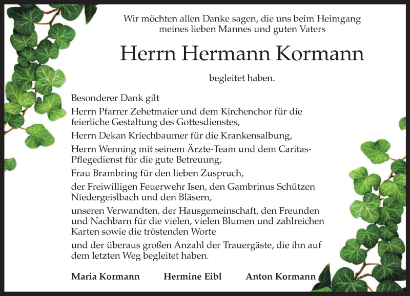  Traueranzeige für Hermann Kormann vom 26.04.2014 aus merkurtz