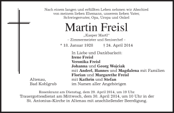 Traueranzeige von Martin Freisl von merkurtz