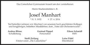 Traueranzeige von Josef Manhart von merkurtz