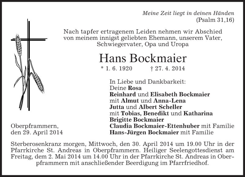  Traueranzeige für Hans Bockmaier vom 29.04.2014 aus merkurtz