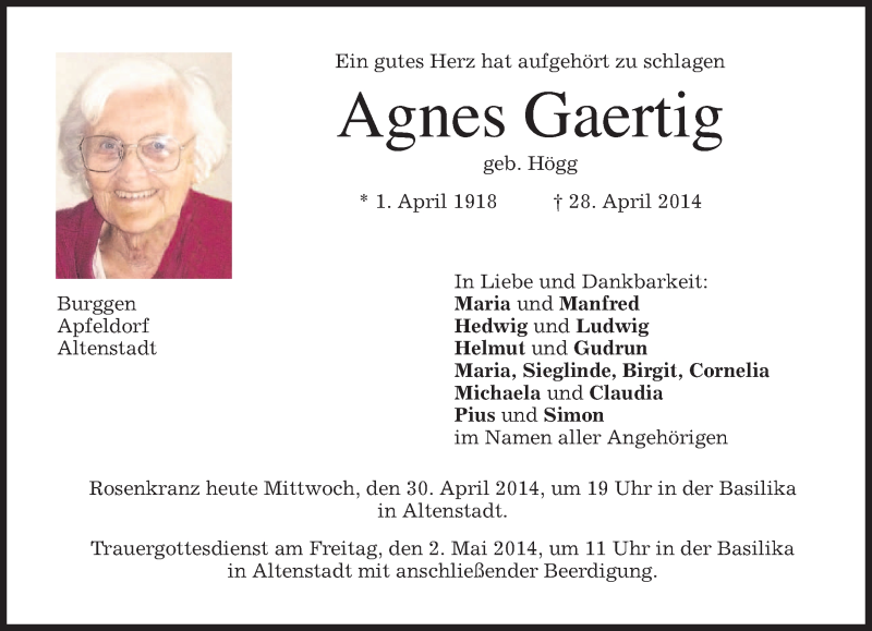 Traueranzeigen von Agnes Gaertig | trauer.merkur.de