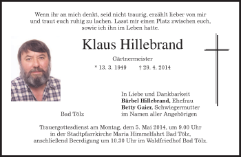 Traueranzeige von Klaus Hillebrand von merkurtz