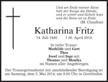 Traueranzeige von Katharina Fritz von merkurtz