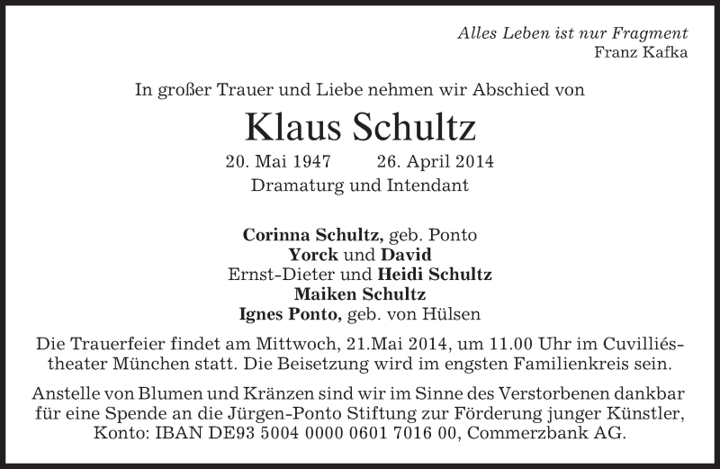  Traueranzeige für Klaus Schultz vom 03.05.2014 aus merkurtz
