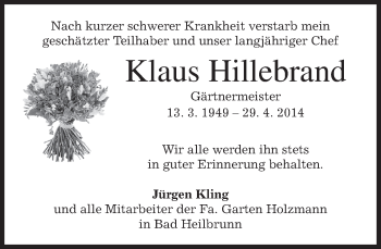 Traueranzeige von Klaus Hillebrand von merkurtz