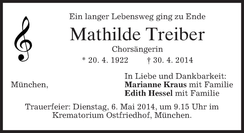  Traueranzeige für Mathilde Treiber vom 03.05.2014 aus merkurtz