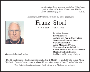 Traueranzeige von Franz  Storf von merkurtz