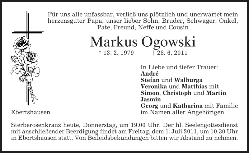  Traueranzeige für Markus Ogowski vom 30.06.2011 aus MERKUR & TZ