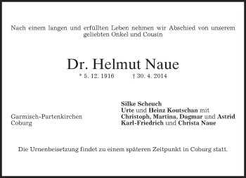 Traueranzeige von Helmut Naue von merkurtz