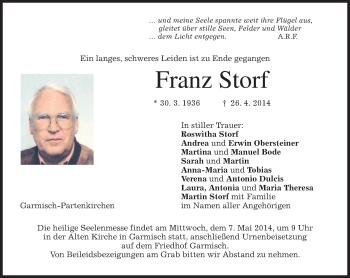 Traueranzeige von Franz  Storf von merkurtz