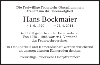 Traueranzeige von Hans Bockmaier von merkurtz
