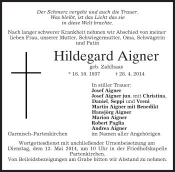 Traueranzeige von Hildegard Aigner von merkurtz