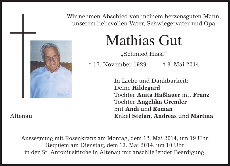  Traueranzeige für Mathias Gut vom 10.05.2014 aus merkurtz