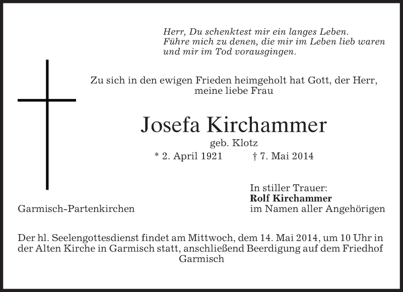  Traueranzeige für Josefa Kirchammer vom 10.05.2014 aus merkurtz