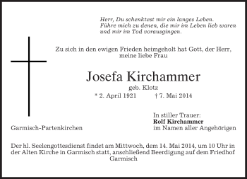 Traueranzeige von Josefa Kirchammer von merkurtz