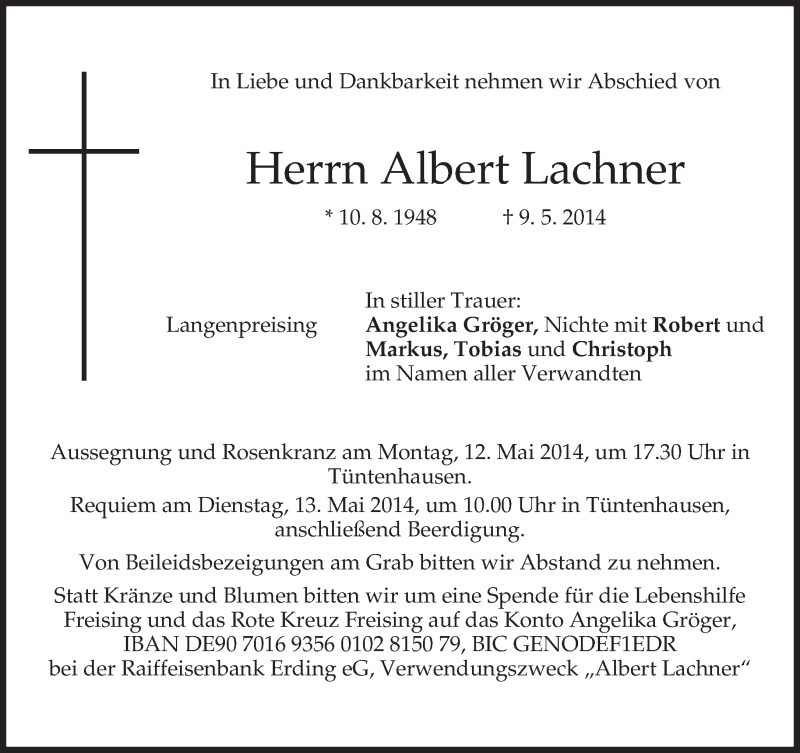  Traueranzeige für Albert Lachner vom 10.05.2014 aus merkurtz
