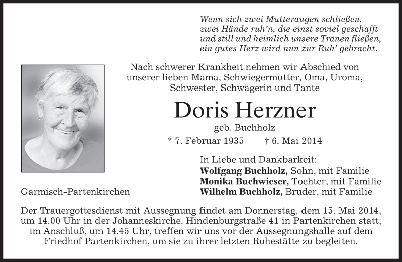  Traueranzeige für Doris Herzner vom 12.05.2014 aus merkurtz