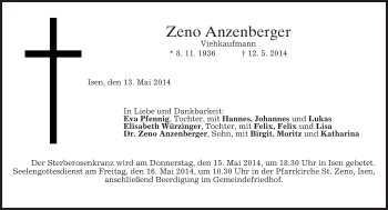 Traueranzeige von Zeno Anzenberger von merkurtz