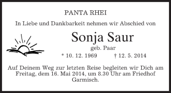 Traueranzeige von Sonja Saur von merkurtz