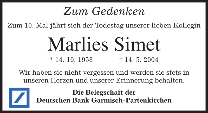  Traueranzeige für Marlies Simet vom 17.05.2014 aus merkurtz