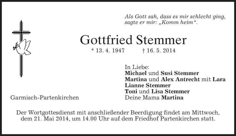  Traueranzeige für Gottfried Stemmer vom 19.05.2014 aus merkurtz