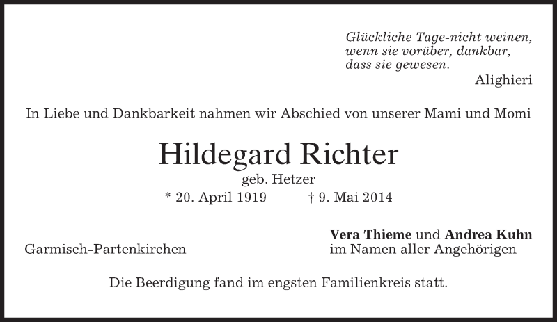  Traueranzeige für Hildegard Richter vom 20.05.2014 aus merkurtz