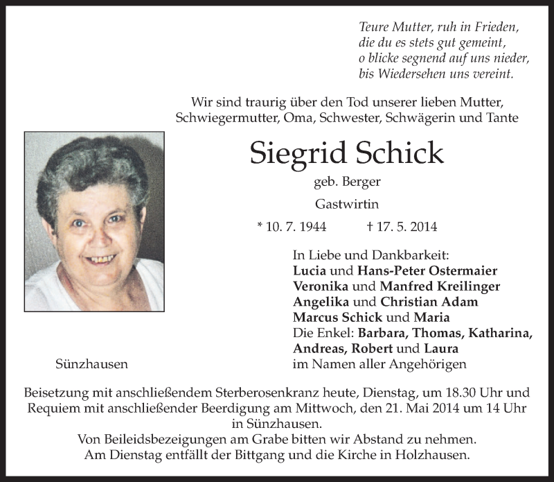  Traueranzeige für Siegrid Schick vom 20.05.2014 aus merkurtz
