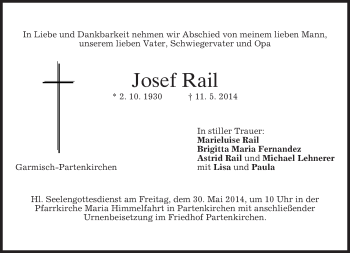 Traueranzeige von Josef Rail von merkurtz