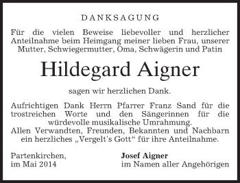 Traueranzeige von Hildegard Aigner von merkurtz