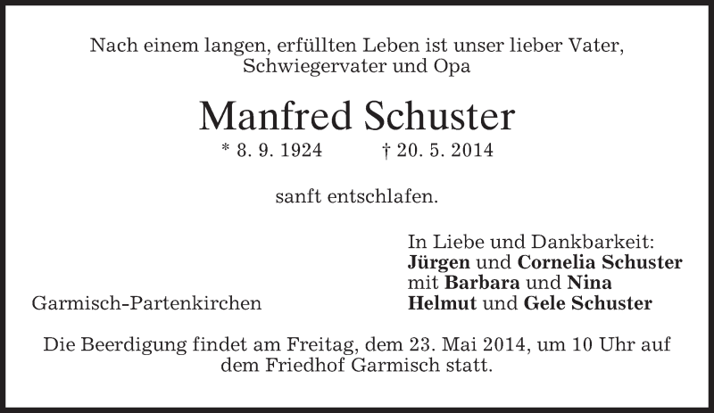  Traueranzeige für Manfred Schuster vom 21.05.2014 aus merkurtz