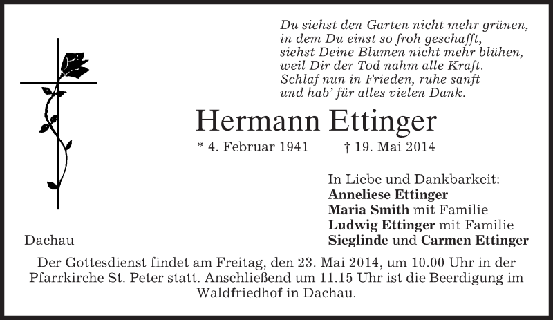 Traueranzeige für Hermann Ettinger vom 21.05.2014 aus merkurtz