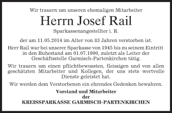 Traueranzeige von Josef Rail von merkurtz
