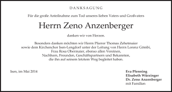 Traueranzeige von Zeno Anzenberger von merkurtz