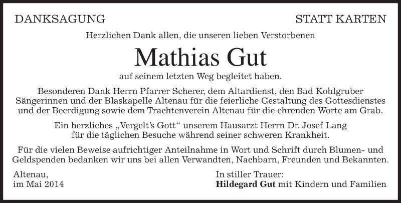  Traueranzeige für Mathias Gut vom 24.05.2014 aus merkurtz