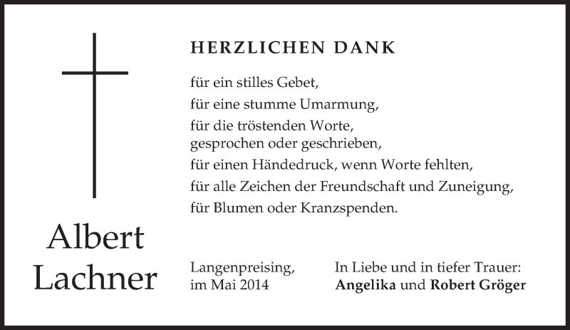  Traueranzeige für Albert Lachner vom 24.05.2014 aus merkurtz