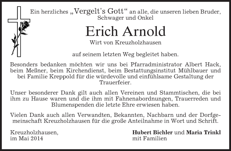  Traueranzeige für Erich Arnold vom 24.05.2014 aus merkurtz