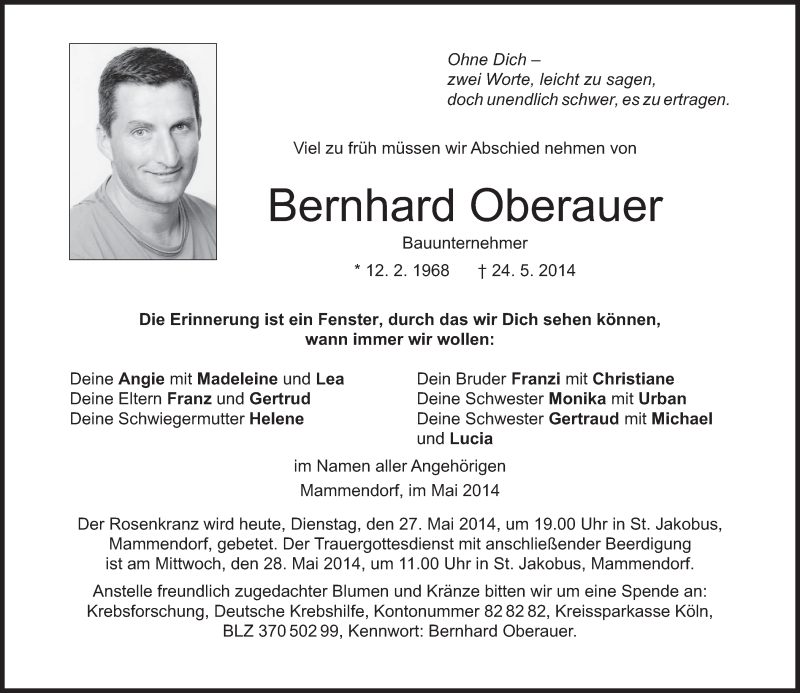  Traueranzeige für Bernhard Oberauer vom 27.05.2014 aus merkurtz