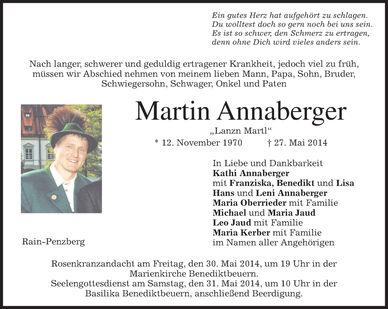  Traueranzeige für Martin Annaberger vom 30.05.2014 aus merkurtz