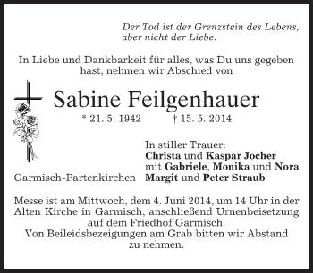 Traueranzeige von Sabine Feilgenhauer von merkurtz