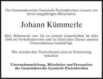 Traueranzeige von Johann Kümmerle von merkurtz