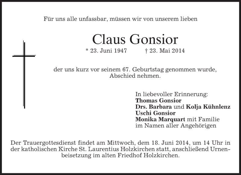  Traueranzeige für Claus Gonsior vom 31.05.2014 aus merkurtz