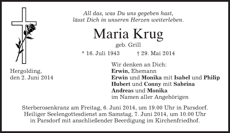  Traueranzeige für Maria Krug vom 02.06.2014 aus merkurtz